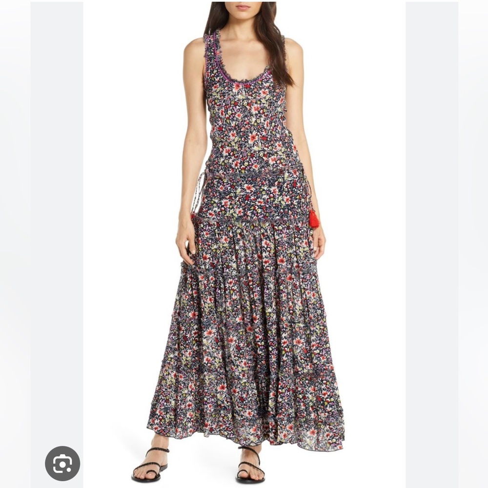 Poupette St. Barth Betty Bety Floral Georgette Maxi Dress Navy Azalea Tier Small
